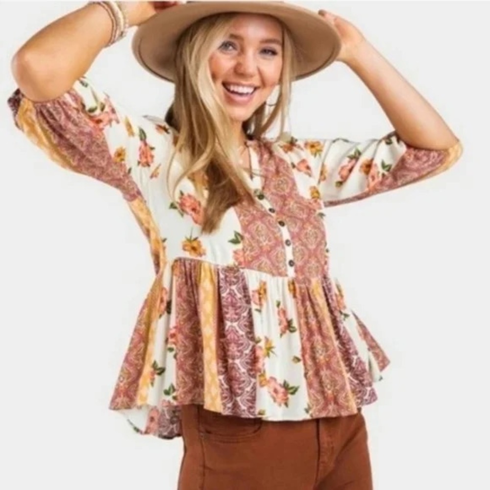 Blue Rain women's floral boho peplum top with 3/4 sleeves size M EUC